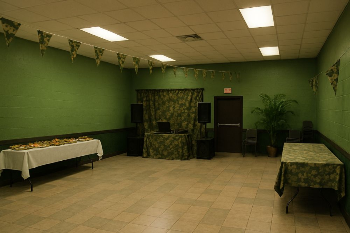 Buurthuis De Groene Deken in Zevenaar tijdens de jaarlijkse camouflageparty: een lege hal vol onzichtbare feestgangers, zwevend buffet en DJ Mist die nergens te zien is.