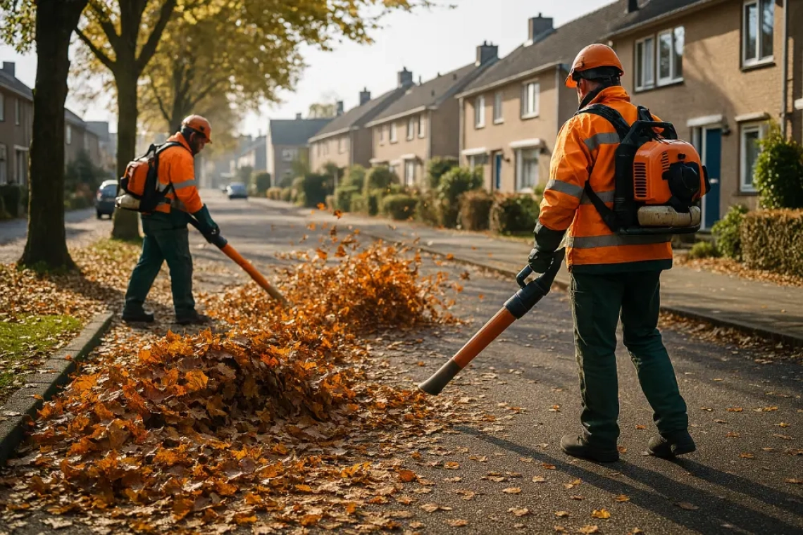 Leden van de bladblazerbrigade in Amersfoort trekken zaterdagochtend door een woonwijk, gehuld in reflecterende hesjes en omringd door opstuivend blad — terwijl bewoners hun ramen dichtplakken tegen het geluid.