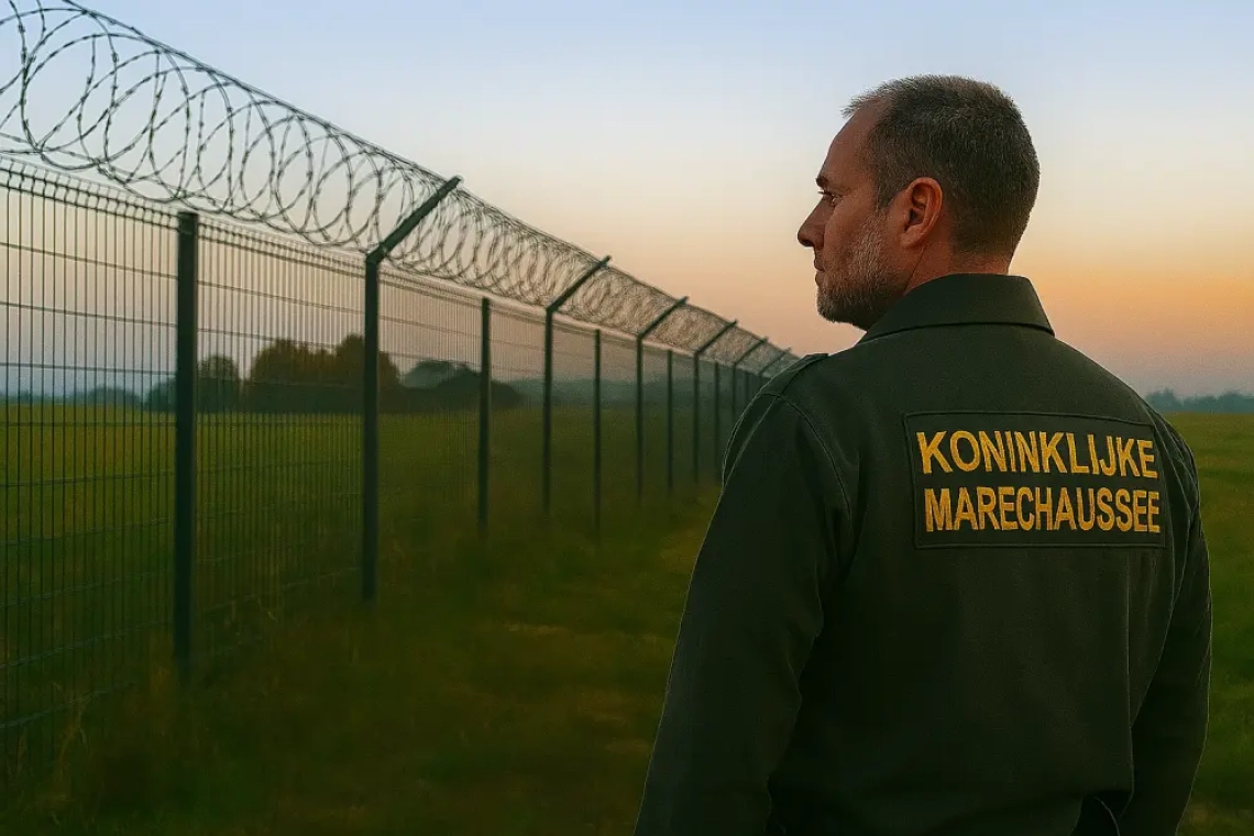 Koninklijke Marechaussee-officier in uniform kijkt uit over een grenshek met prikkeldraad bij zonsondergang, in een open veld met lange schaduwen — een realistische weergave van Nederlandse grensbewaking in tijden van migratiedebat.